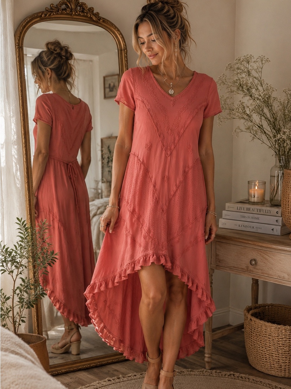 BFA Classics Coral Pink Embroidered Hi-Low Boho Dress | Size 18